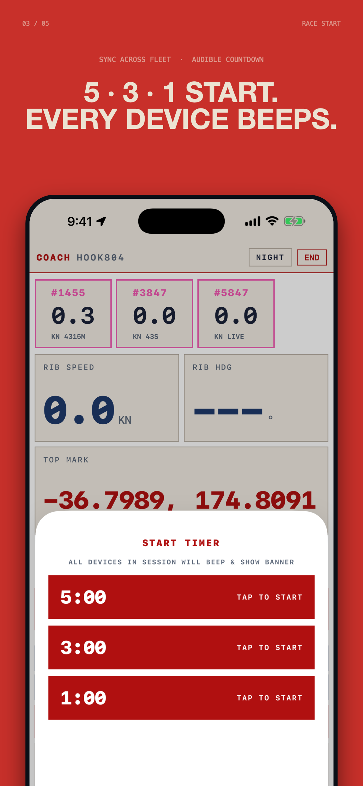 SailDash start-timer screen, synced across every device